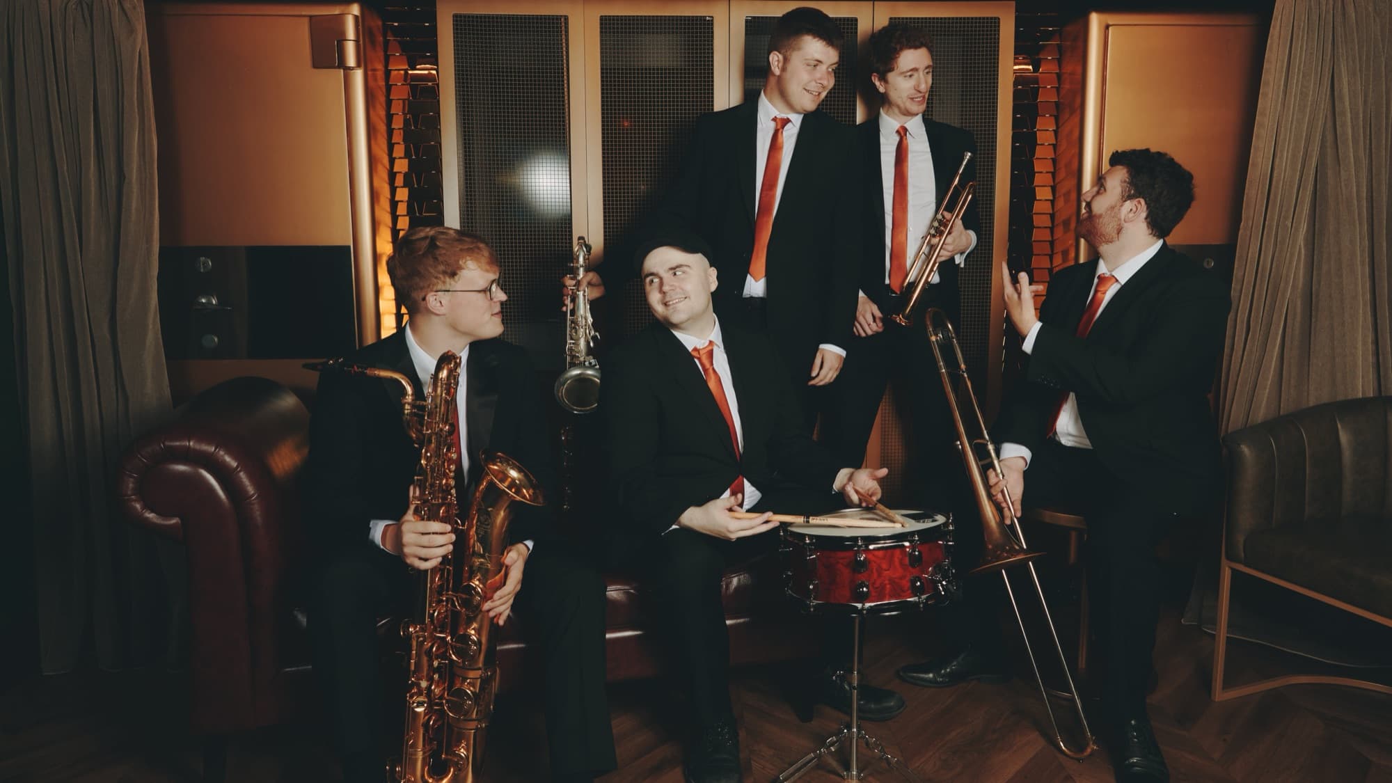 Brass quintet in a lounge setting